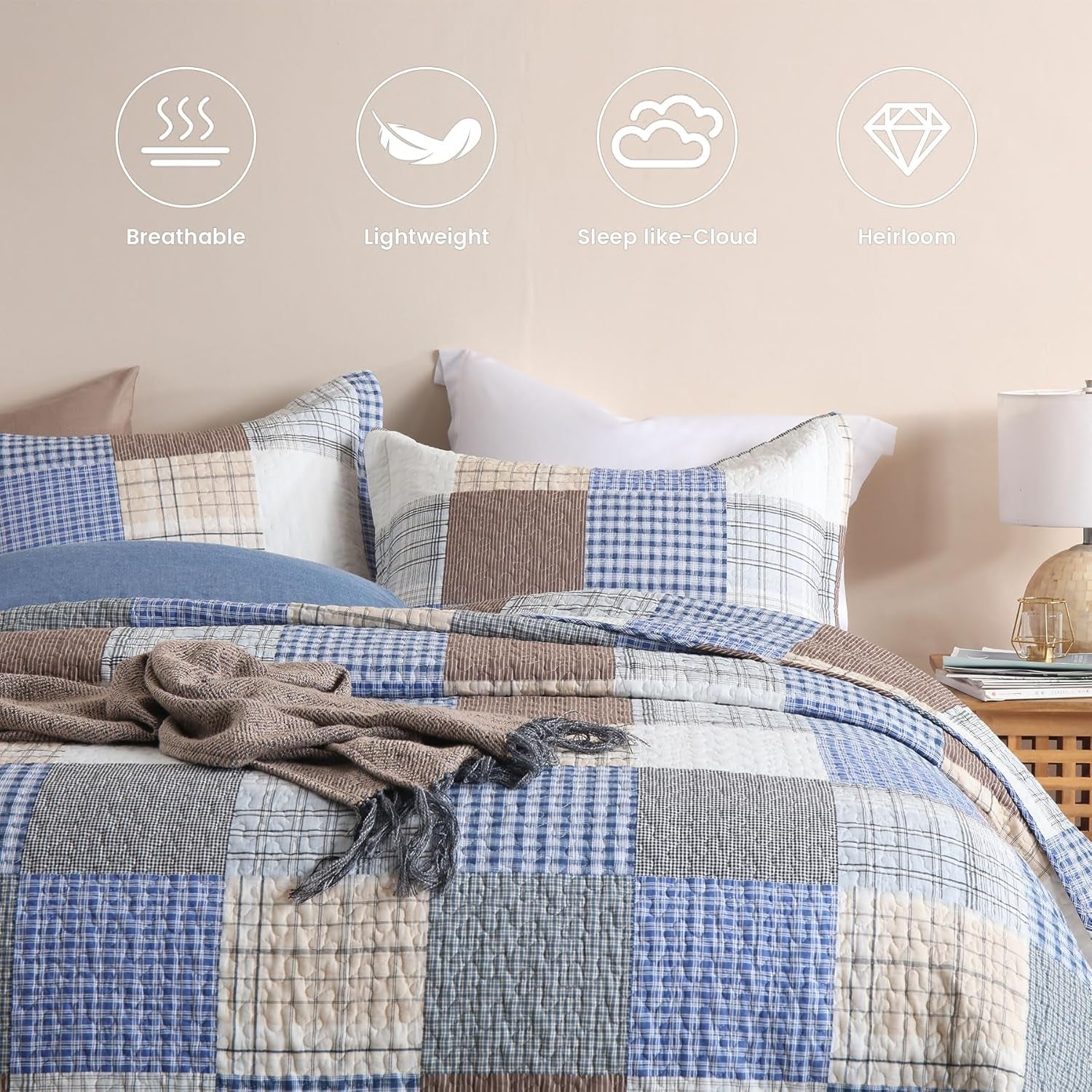 King Size Comforter Set- 100% Cotton Quilt King Size Set, Bule, Plaid Bedspreads (96 * 108 Inch) with 2 Pillow Shams, Patchwork Reversible Lightweight Bedding