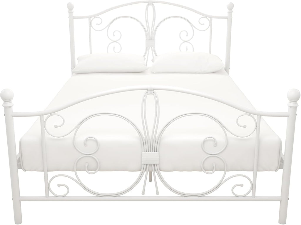 Bombay Metal Platform Bed with Parisian Style Headboard and Footboard, Adjustable Base Height for Underbed Storage, No Box Spring Needed, Full, White