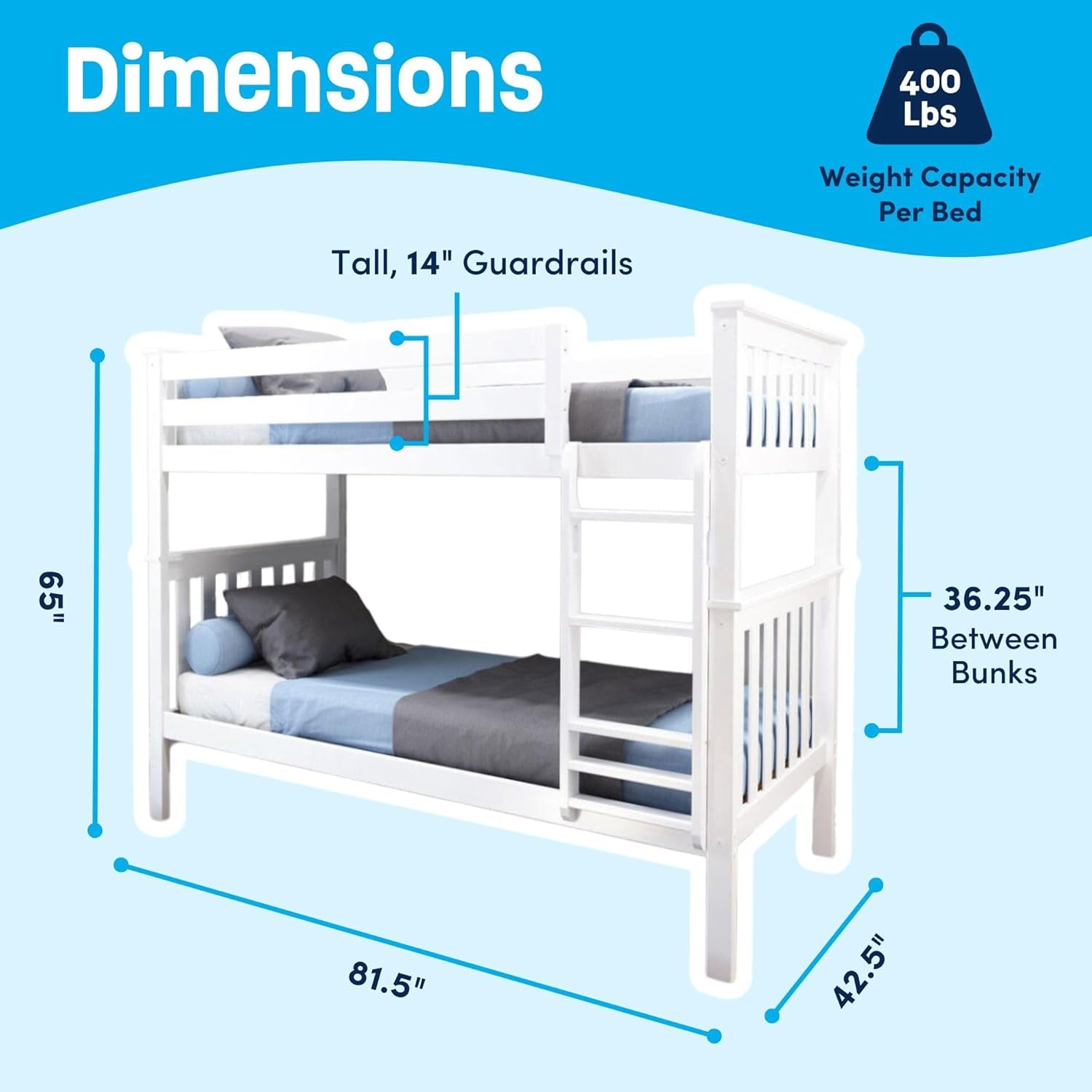 Bunk Bed Twin over Twin, Solid Wood Bunk Bed Frame with Ladder for Kids, 14" Safety Guardrails, Easy Assembly, No Box Spring Needed, White