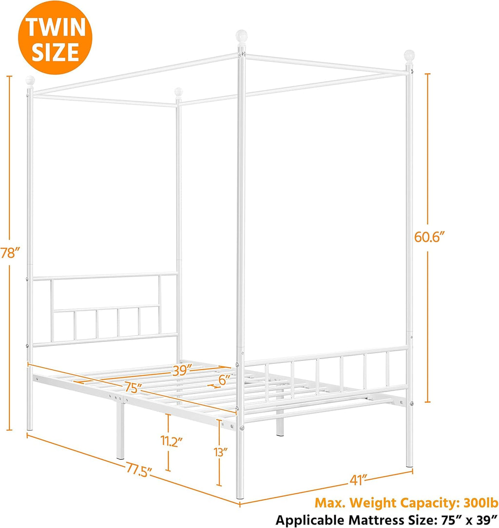 Canopy Bed Frames Platform Bed Frame Four-Poster Canopied Bed Mattress Foundation with Headboard and Footboard Sturdy Slatted Structure No Box Spring Needed Easy Assembly Twin/White
