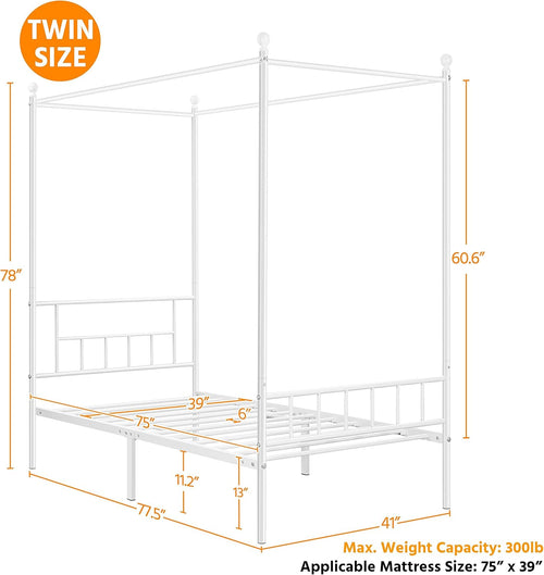 Canopy Bed Frames Platform Bed Frame Four-Poster Canopied Bed Mattress Foundation with Headboard and Footboard Sturdy Slatted Structure No Box Spring Needed Easy Assembly Twin/White