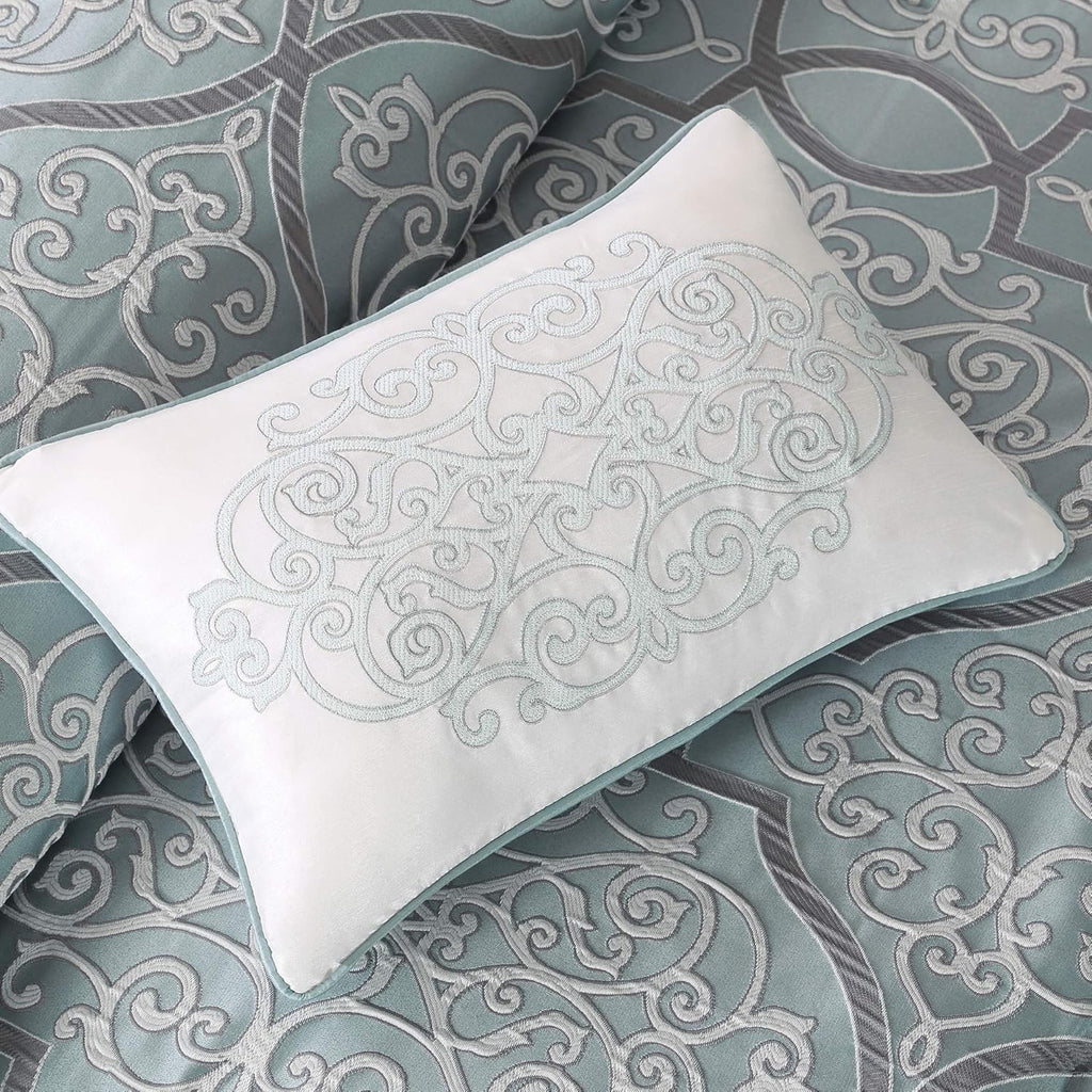 Lavine Cozy Bed in a Bag Comforter Set, Traditional Luxe Jacquard Design All Season down Alternative Bedding with Cotton Bed Sheets, Bed Skirt & Pillows, King Blue 12 Piece