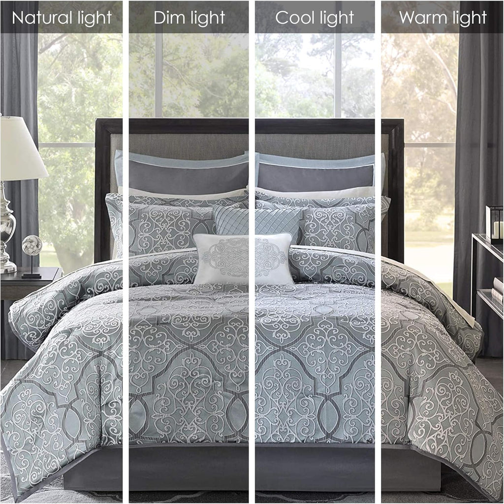 Lavine Cozy Bed in a Bag Comforter Set, Traditional Luxe Jacquard Design All Season down Alternative Bedding with Cotton Bed Sheets, Bed Skirt & Pillows, King Blue 12 Piece