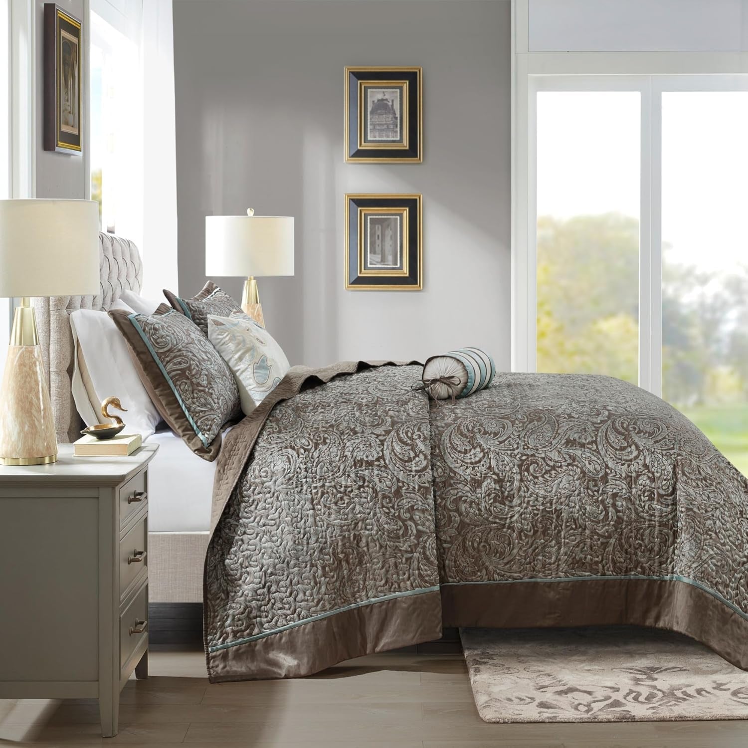 Aubrey Reversible Quilted Bedspread Set, Solid Reverse Summer Breathable, Lightweight All Season Bedding Layer, Matching Shams, Bedspread Queen(102"X118"), Blue 5 Piece