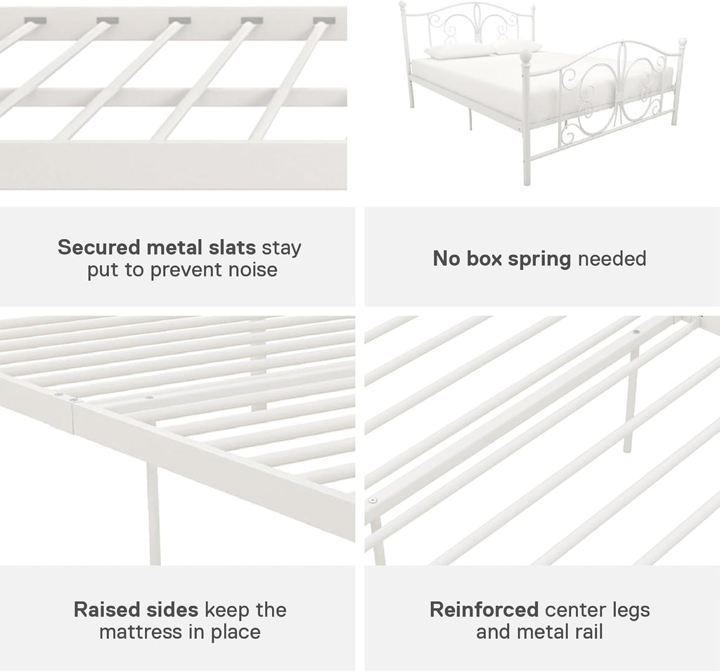 Bombay Metal Platform Bed with Parisian Style Headboard and Footboard, Adjustable Base Height for Underbed Storage, No Box Spring Needed, Full, White
