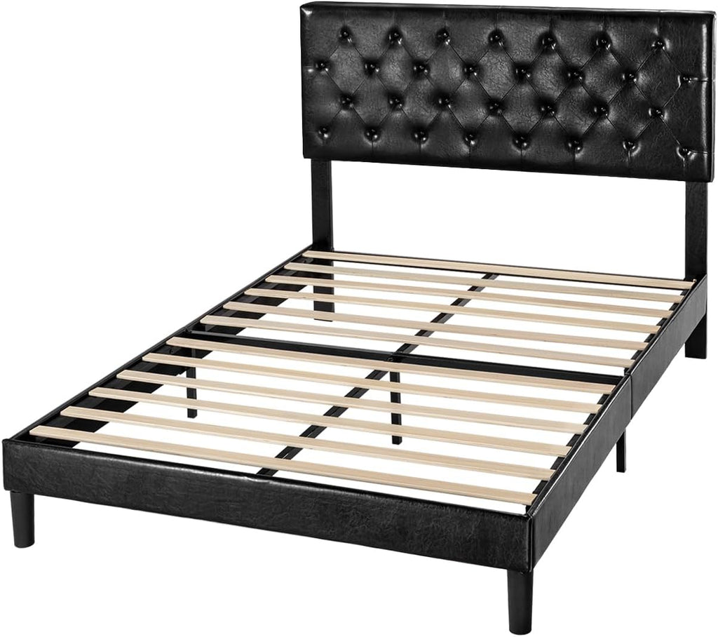 Queen Size Platform Bed Frame with Button Tufted Headboard, Faux Leather Upholstered Mattress Foundation, Wooden Slat Support, No Box Spring Needed, Black