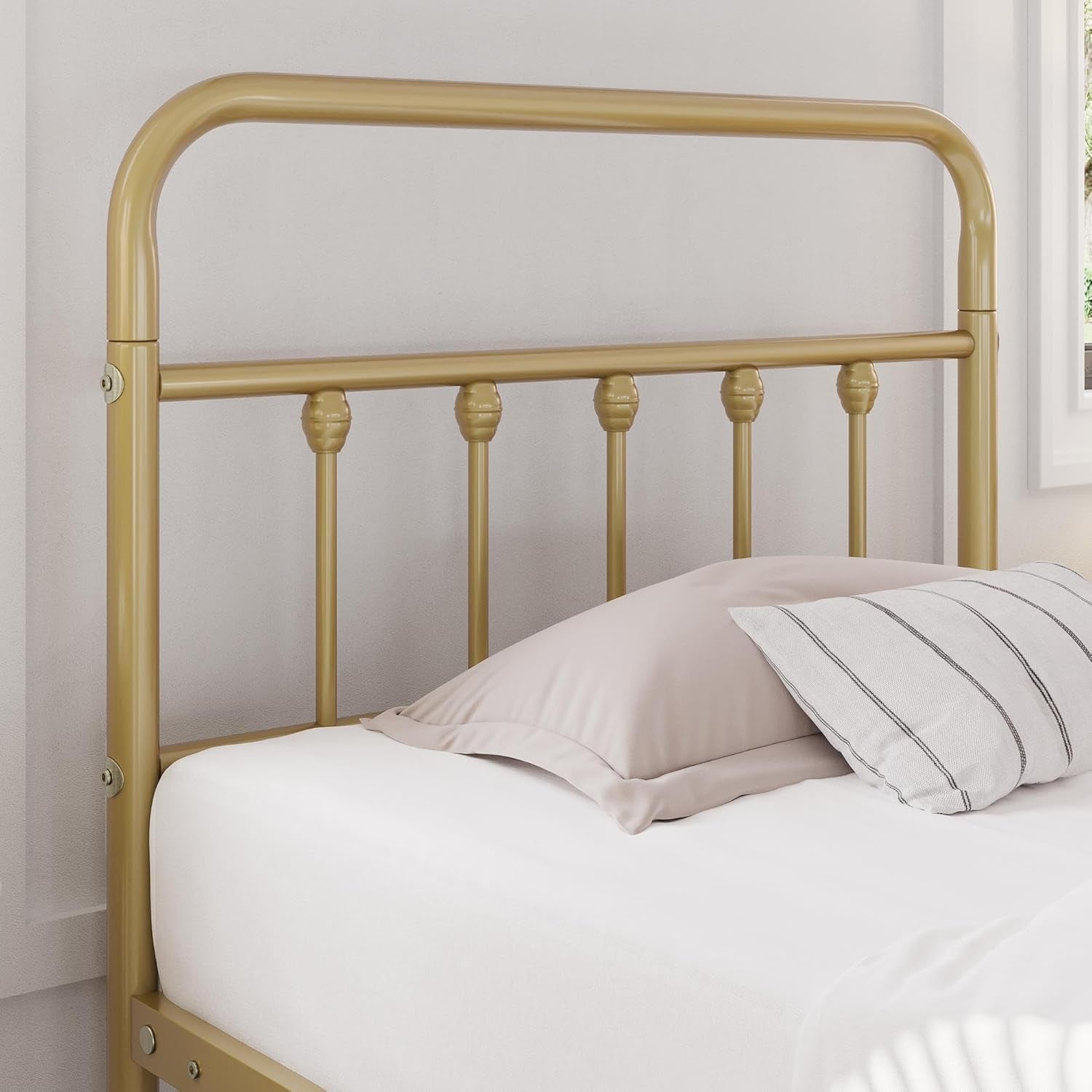 Classic Metal Platform Bed Frame Mattress Foundation with Victorian Style Iron-Art Headboard/Footboard/Under Bed Storage/No Box Spring Needed/Twin Size Antique Gold