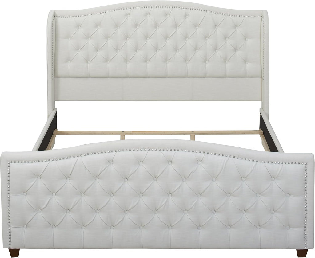 Marcella Upholstered Shelter Headboard Bed Set, King, Antique White Polyester