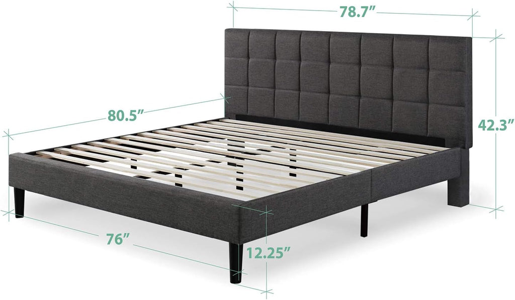 Lottie Upholstered Platform Bed Frame, Mattress Foundation, Wood Slat Support, No Box Spring Needed, Easy Assembly, Grey, King