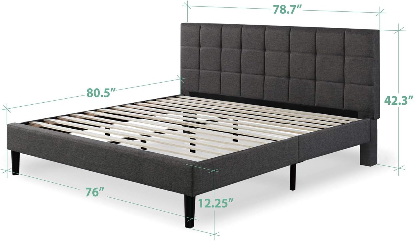 Lottie Upholstered Platform Bed Frame, Mattress Foundation, Wood Slat Support, No Box Spring Needed, Easy Assembly, Grey, King