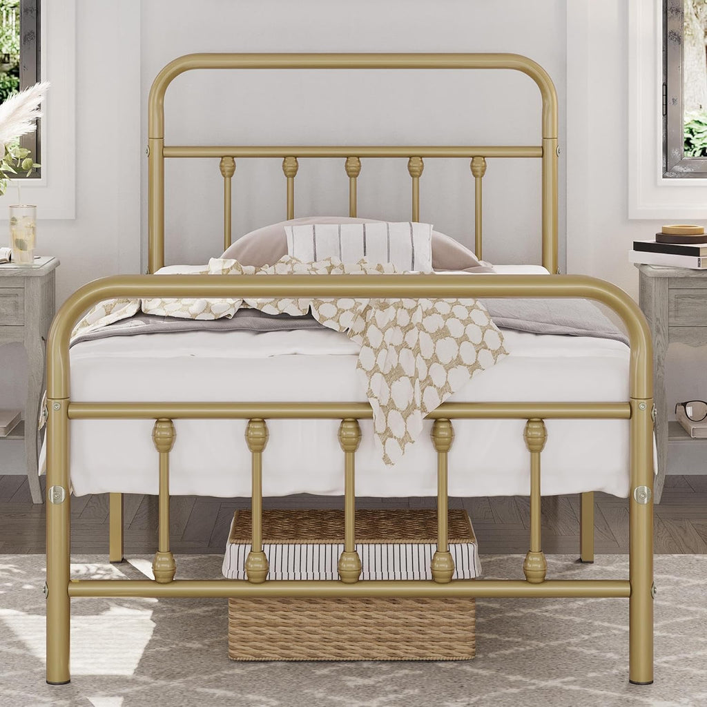 Classic Metal Platform Bed Frame Mattress Foundation with Victorian Style Iron-Art Headboard/Footboard/Under Bed Storage/No Box Spring Needed/Twin Size Antique Gold