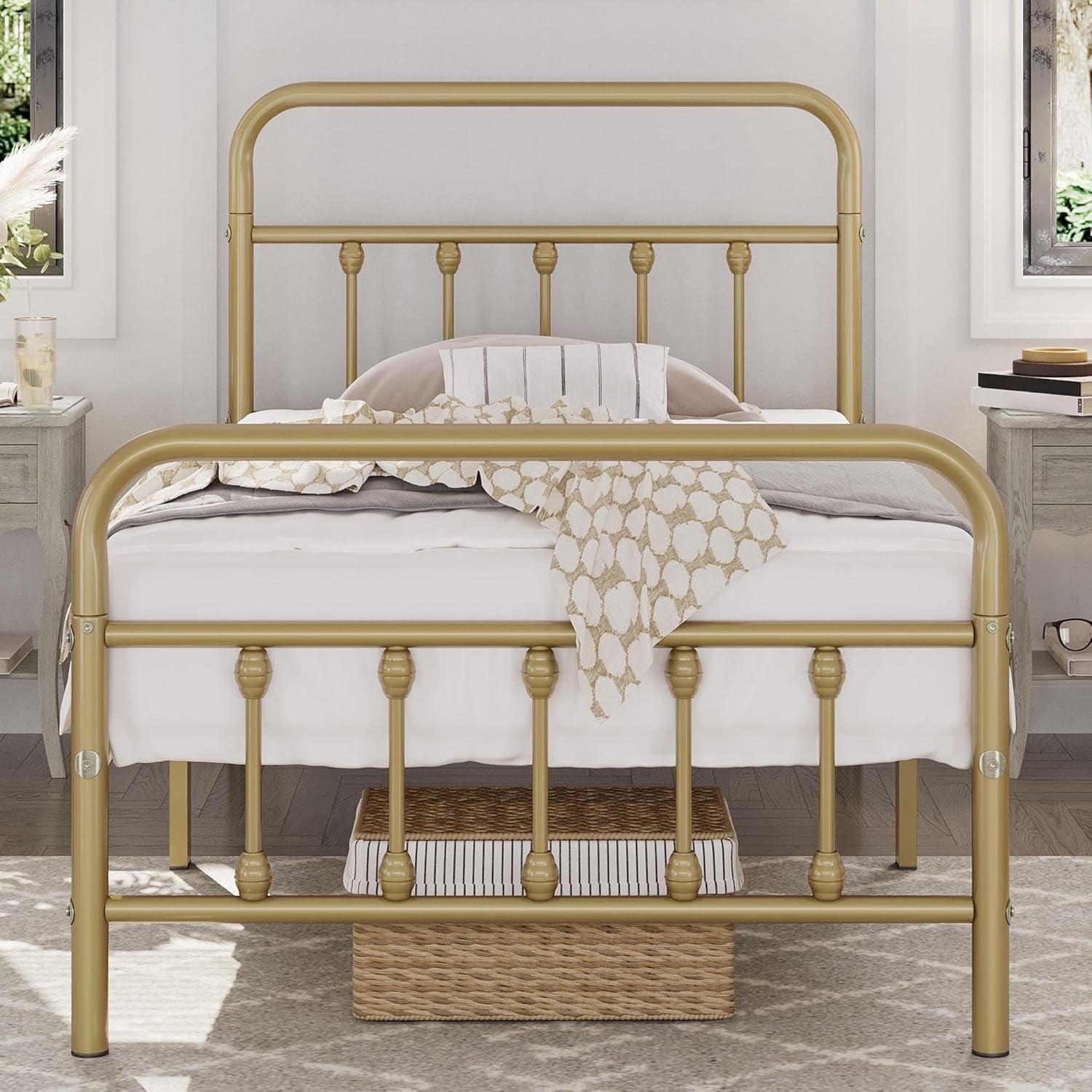 Classic Metal Platform Bed Frame Mattress Foundation with Victorian Style Iron-Art Headboard/Footboard/Under Bed Storage/No Box Spring Needed/Twin Size Antique Gold
