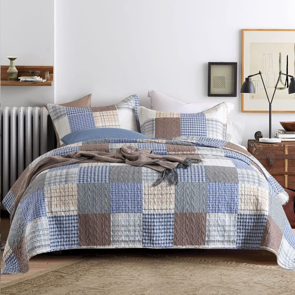 King Size Comforter Set- 100% Cotton Quilt King Size Set, Bule, Plaid Bedspreads (96 * 108 Inch) with 2 Pillow Shams, Patchwork Reversible Lightweight Bedding