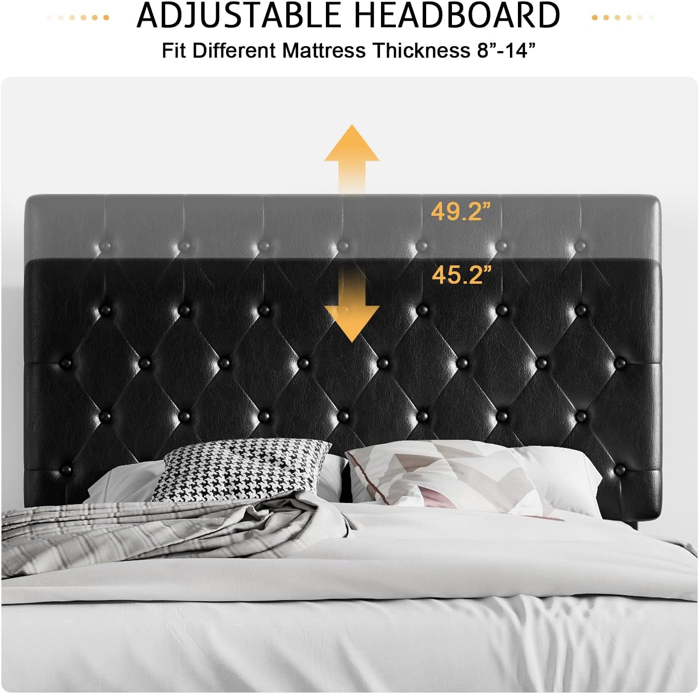 Queen Size Platform Bed Frame with Button Tufted Headboard, Faux Leather Upholstered Mattress Foundation, Wooden Slat Support, No Box Spring Needed, Black