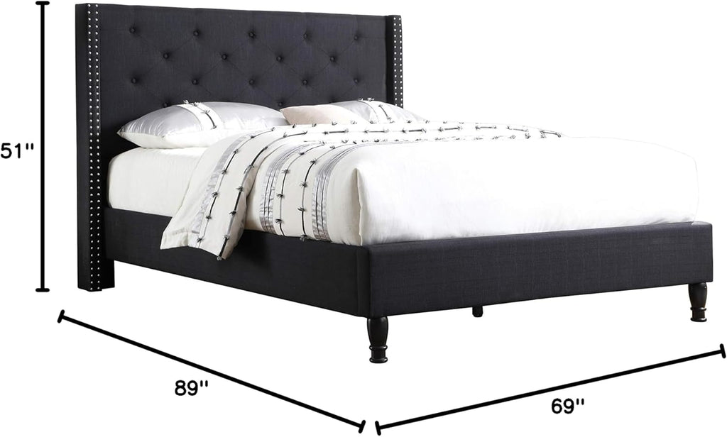 Premiere Classics Cloth Black Linen 51" Tall Headboard Platform Bed with Slats Queen - Complete Bed 5 Year Warranty Included 007