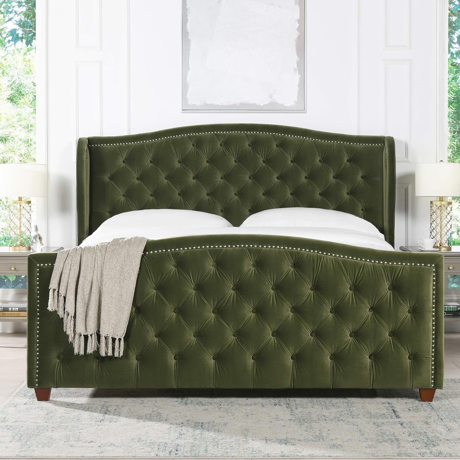 Marcella Upholstered Shelter Headboard Bed Set, King, Olive Green Performance Velvet