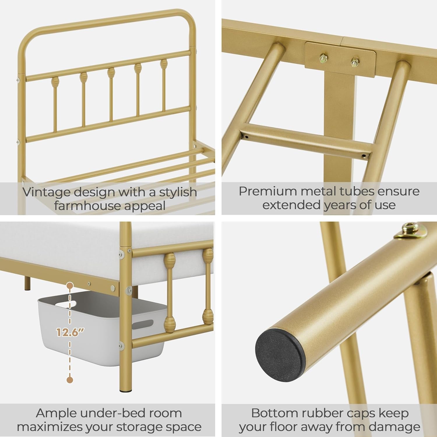 Classic Metal Platform Bed Frame Mattress Foundation with Victorian Style Iron-Art Headboard/Footboard/Under Bed Storage/No Box Spring Needed/Twin Size Antique Gold