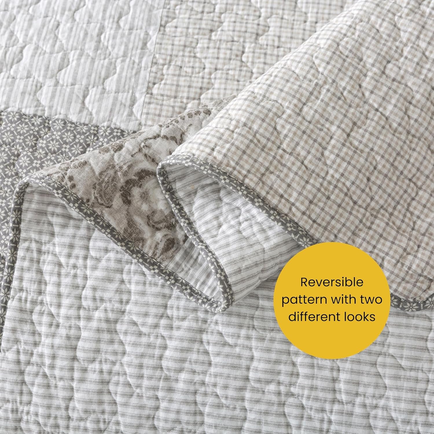 Silver Linings Cotton Quilt Set - Queen Size with 2 Shams, Neutral Pieced Patchwork Design, Country Silver Gray Quilted Comforter, Lightweight Summer Farmhouse Bedspread