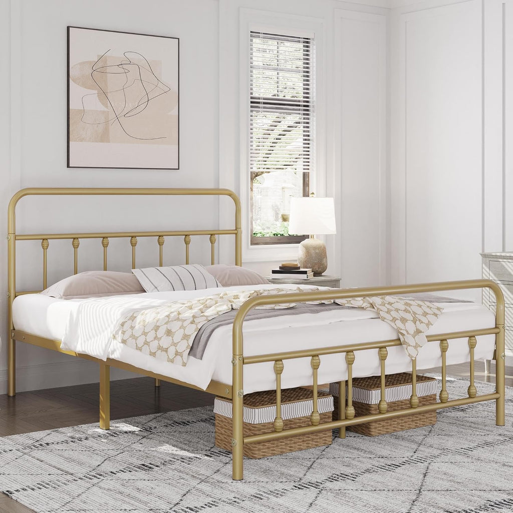 Classic Metal Platform Bed Frame Mattress Foundation with Victorian Style Iron-Art Headboard/Footboard/Under Bed Storage/No Box Spring Needed/Queen Size Antique Gold
