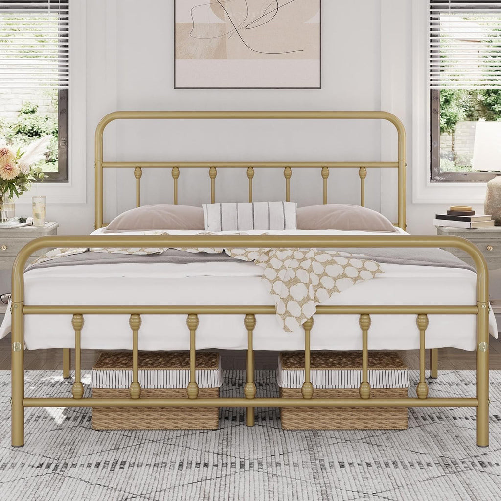 Classic Metal Platform Bed Frame Mattress Foundation with Victorian Style Iron-Art Headboard/Footboard/Under Bed Storage/No Box Spring Needed/Queen Size Antique Gold