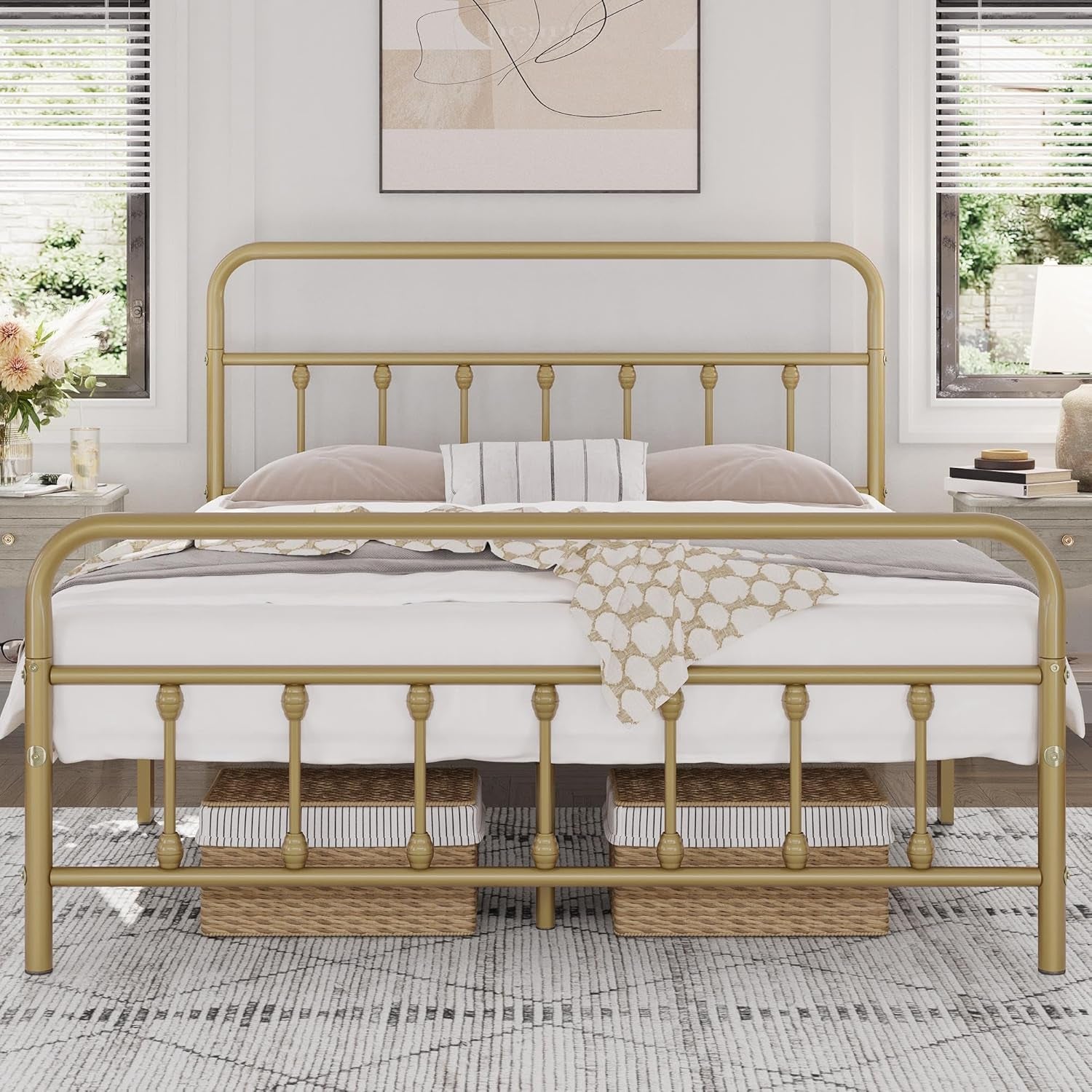 Classic Metal Platform Bed Frame Mattress Foundation with Victorian Style Iron-Art Headboard/Footboard/Under Bed Storage/No Box Spring Needed/Queen Size Antique Gold