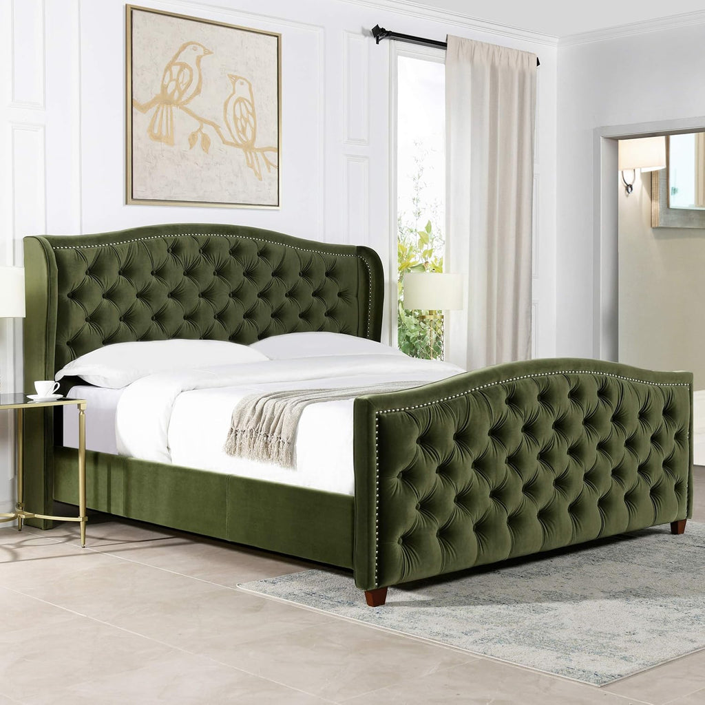 Marcella Upholstered Shelter Headboard Bed Set, King, Olive Green Performance Velvet