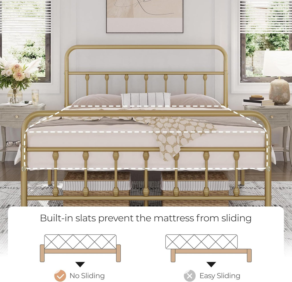 Classic Metal Platform Bed Frame Mattress Foundation with Victorian Style Iron-Art Headboard/Footboard/Under Bed Storage/No Box Spring Needed/Queen Size Antique Gold