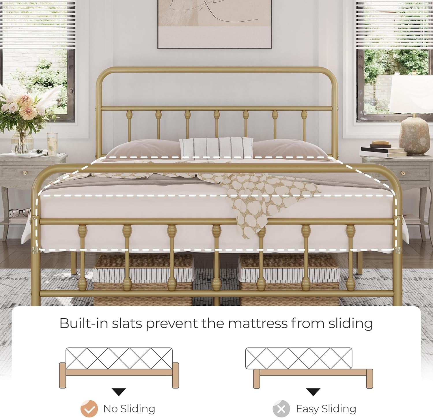 Classic Metal Platform Bed Frame Mattress Foundation with Victorian Style Iron-Art Headboard/Footboard/Under Bed Storage/No Box Spring Needed/Queen Size Antique Gold