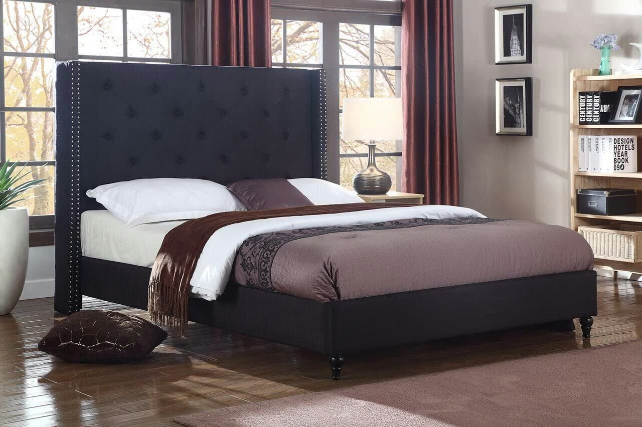 Premiere Classics Cloth Black Linen 51" Tall Headboard Platform Bed with Slats Queen - Complete Bed 5 Year Warranty Included 007