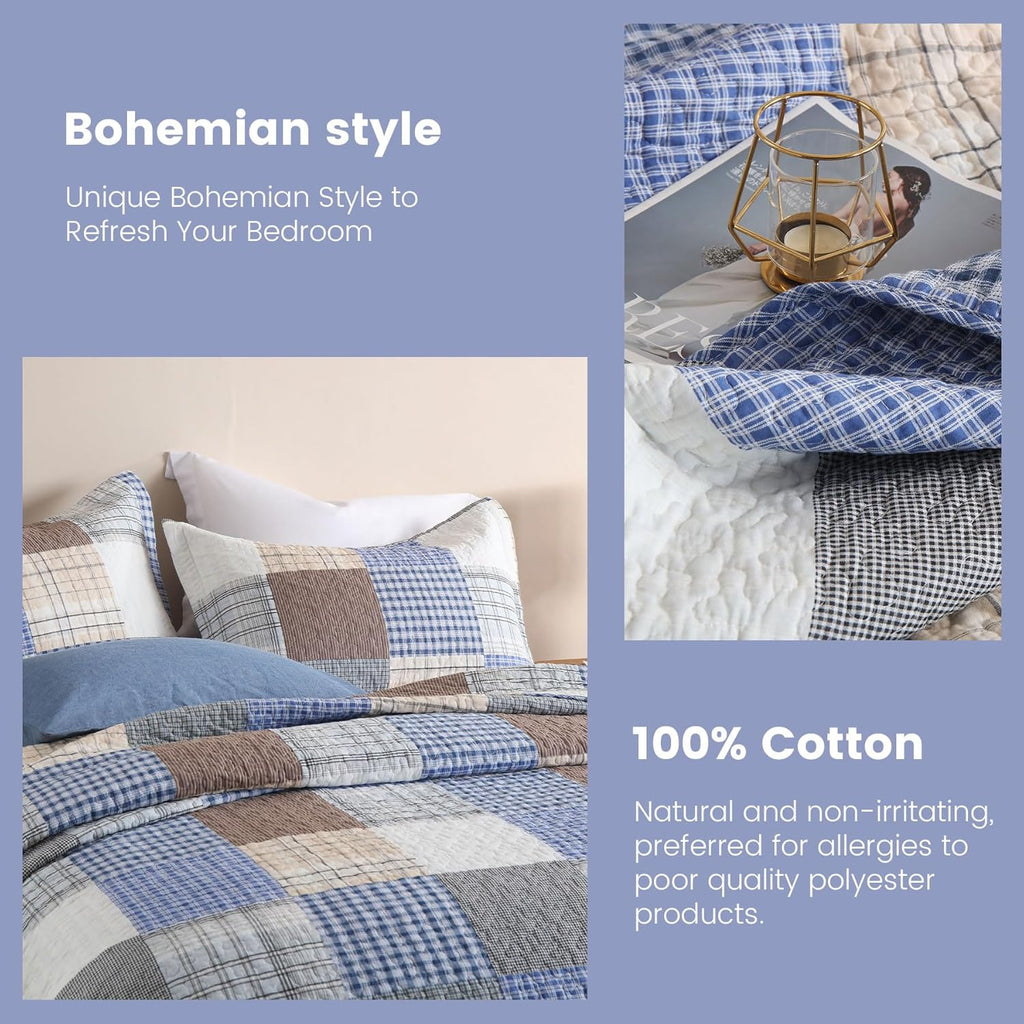 King Size Comforter Set- 100% Cotton Quilt King Size Set, Bule, Plaid Bedspreads (96 * 108 Inch) with 2 Pillow Shams, Patchwork Reversible Lightweight Bedding