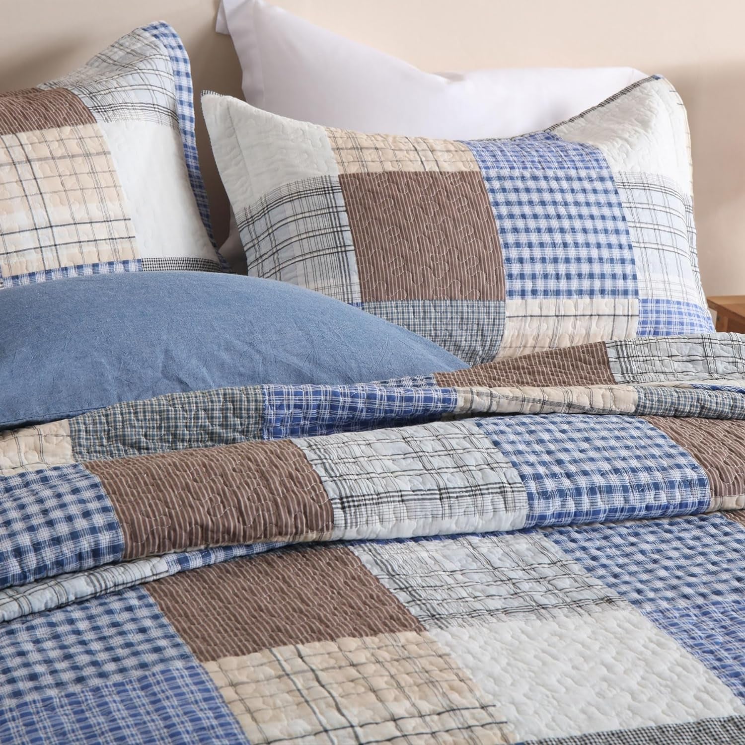 King Size Comforter Set- 100% Cotton Quilt King Size Set, Bule, Plaid Bedspreads (96 * 108 Inch) with 2 Pillow Shams, Patchwork Reversible Lightweight Bedding