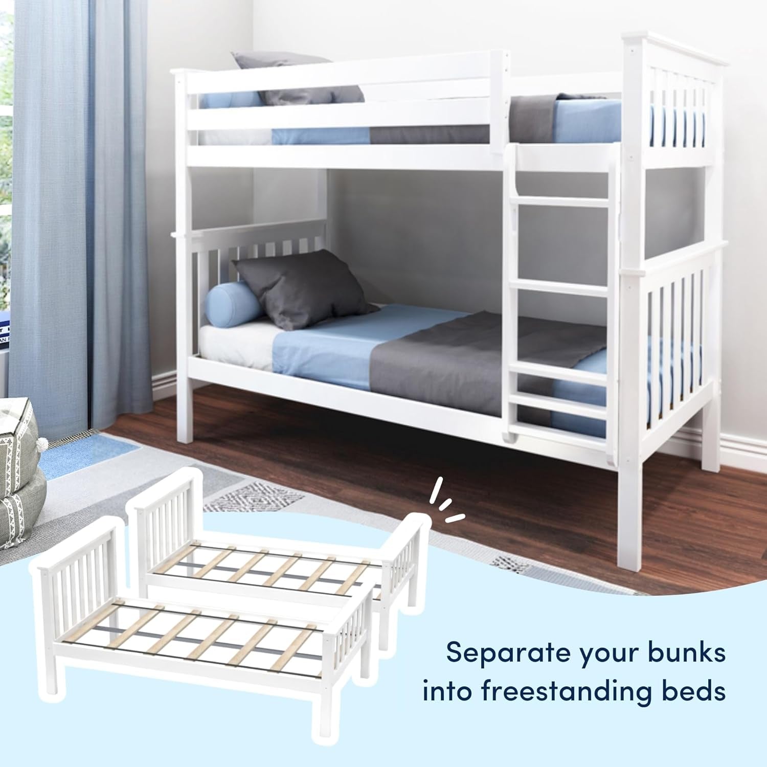Bunk Bed Twin over Twin, Solid Wood Bunk Bed Frame with Ladder for Kids, 14" Safety Guardrails, Easy Assembly, No Box Spring Needed, White
