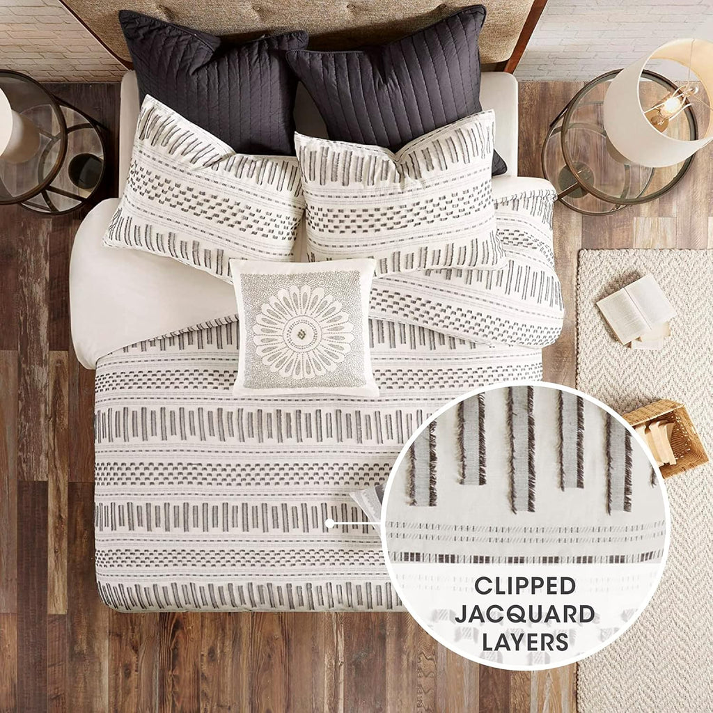 Rhea 100% Cotton Duvet Set Mid Century Modern Boho Design, All Season Comforter Cover Bedding Set, Matching Shams, King/Cal King, Geometric Clipped Jacquard Ivory 3 Piece