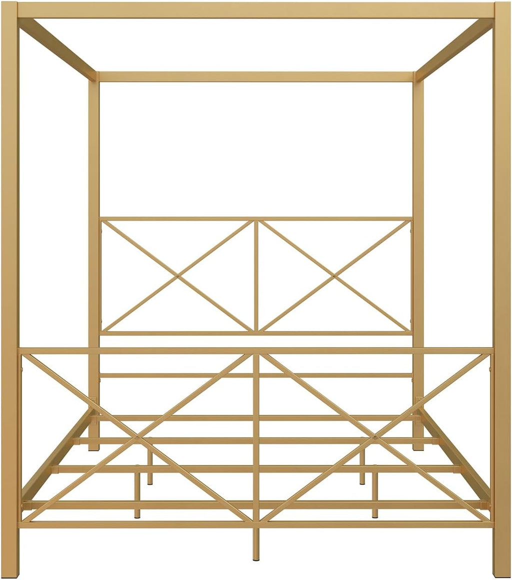 Rosedale Metal Canopy Bed Frame with Four Poster Design and Geometric Accented Headboard and Footboard, Underbed Storage Space, Queen, Gold