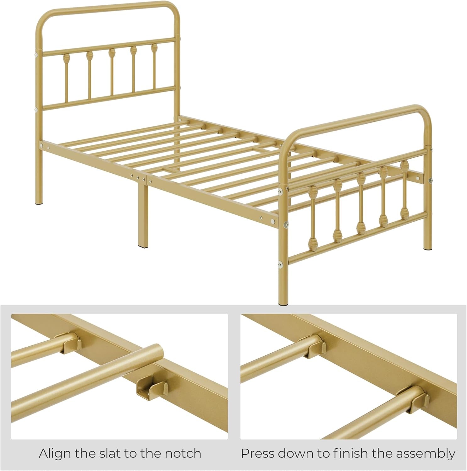 Classic Metal Platform Bed Frame Mattress Foundation with Victorian Style Iron-Art Headboard/Footboard/Under Bed Storage/No Box Spring Needed/Twin Size Antique Gold