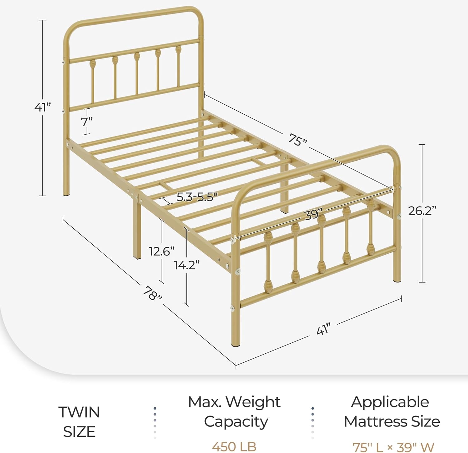 Classic Metal Platform Bed Frame Mattress Foundation with Victorian Style Iron-Art Headboard/Footboard/Under Bed Storage/No Box Spring Needed/Twin Size Antique Gold