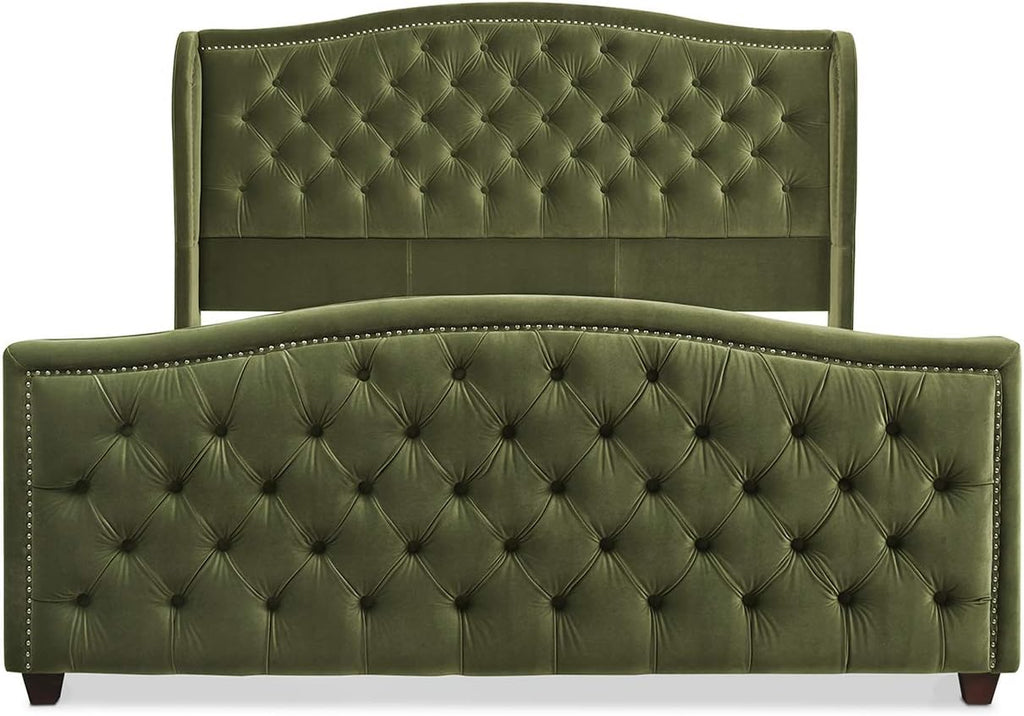 Marcella Upholstered Shelter Headboard Bed Set, King, Olive Green Performance Velvet