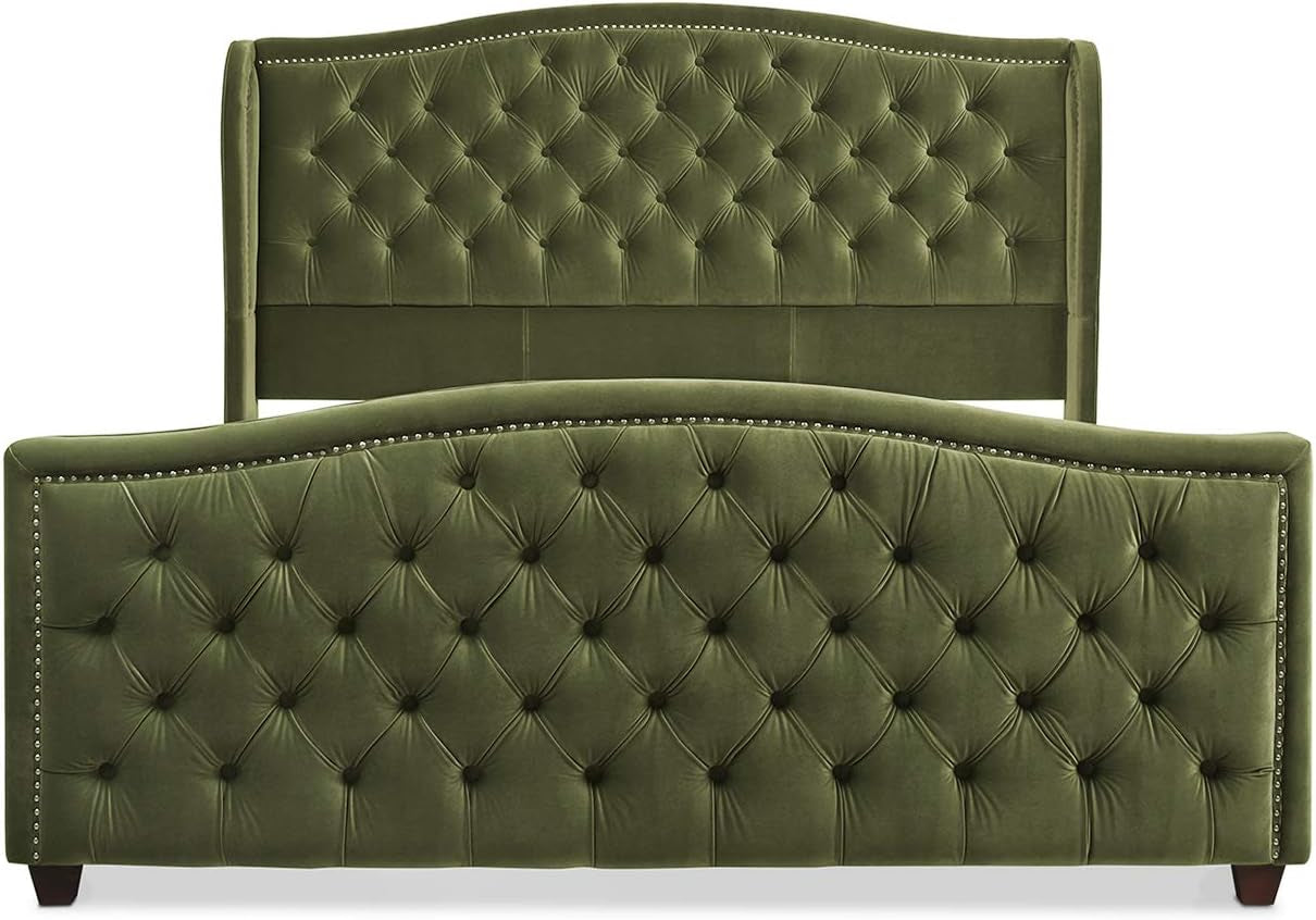 Marcella Upholstered Shelter Headboard Bed Set, King, Olive Green Performance Velvet