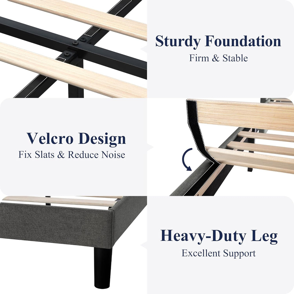 Platform Bed Frame Queen Size with Upholstered Headboard – Modern Deluxe Wingback Design, Wood Slat Support, Dark Grey