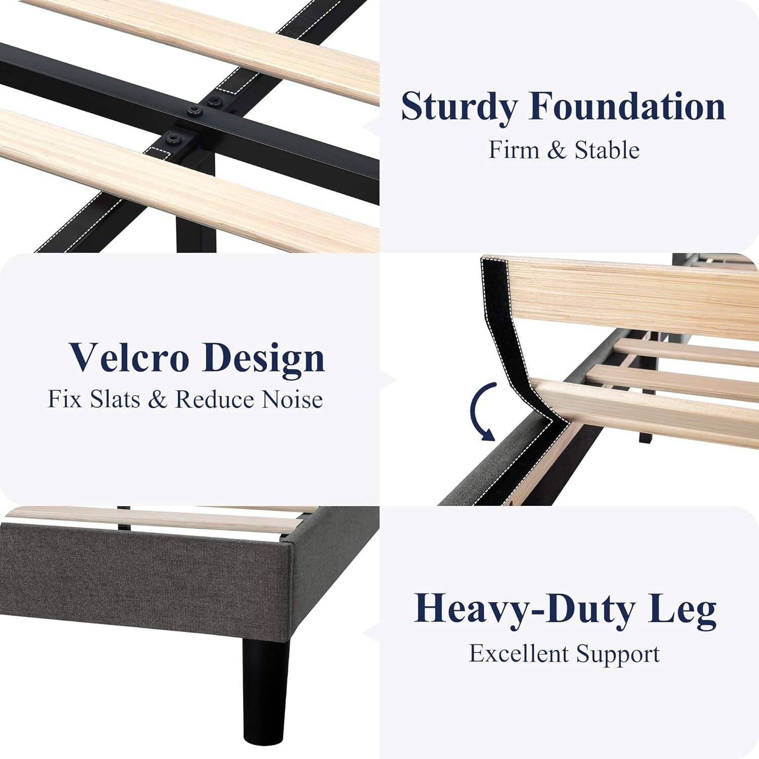 Platform Bed Frame Queen Size with Upholstered Headboard – Modern Deluxe Wingback Design, Wood Slat Support, Dark Grey