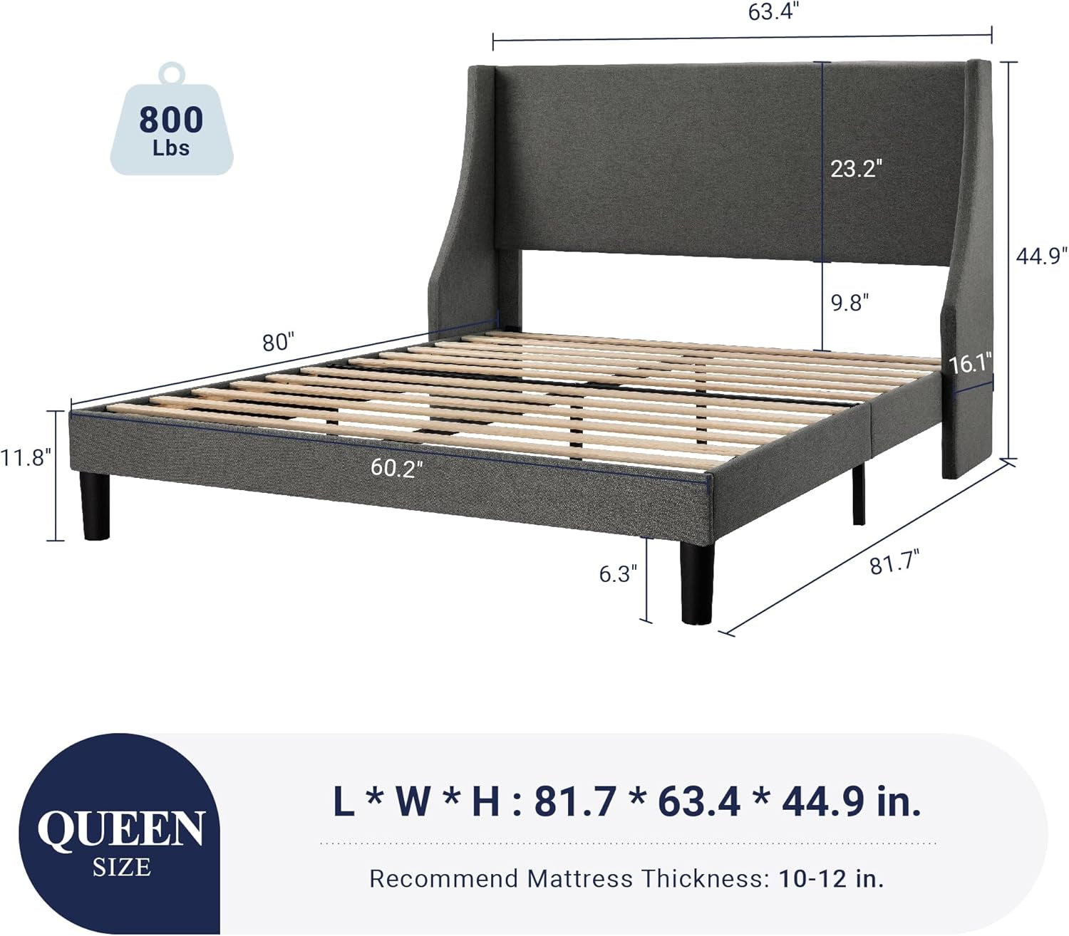 Platform Bed Frame Queen Size with Upholstered Headboard – Modern Deluxe Wingback Design, Wood Slat Support, Dark Grey