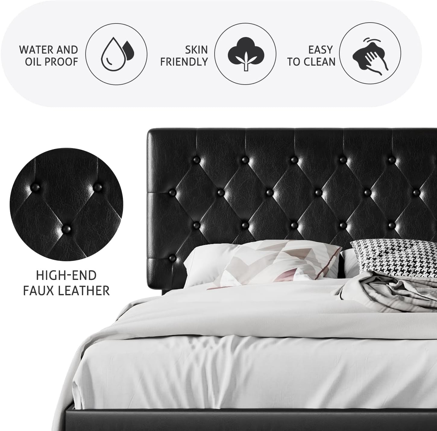 Queen Size Platform Bed Frame with Button Tufted Headboard, Faux Leather Upholstered Mattress Foundation, Wooden Slat Support, No Box Spring Needed, Black