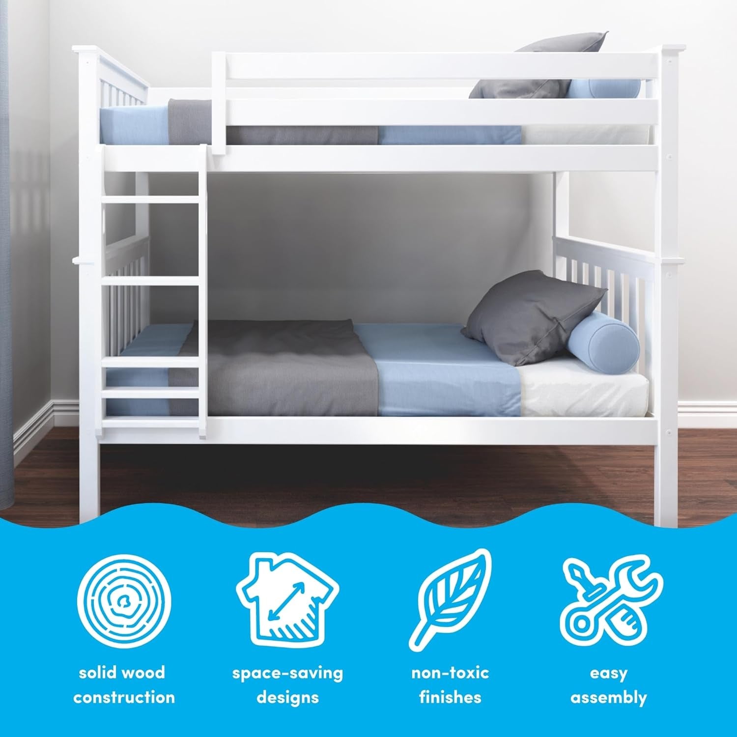 Bunk Bed Twin over Twin, Solid Wood Bunk Bed Frame with Ladder for Kids, 14" Safety Guardrails, Easy Assembly, No Box Spring Needed, White