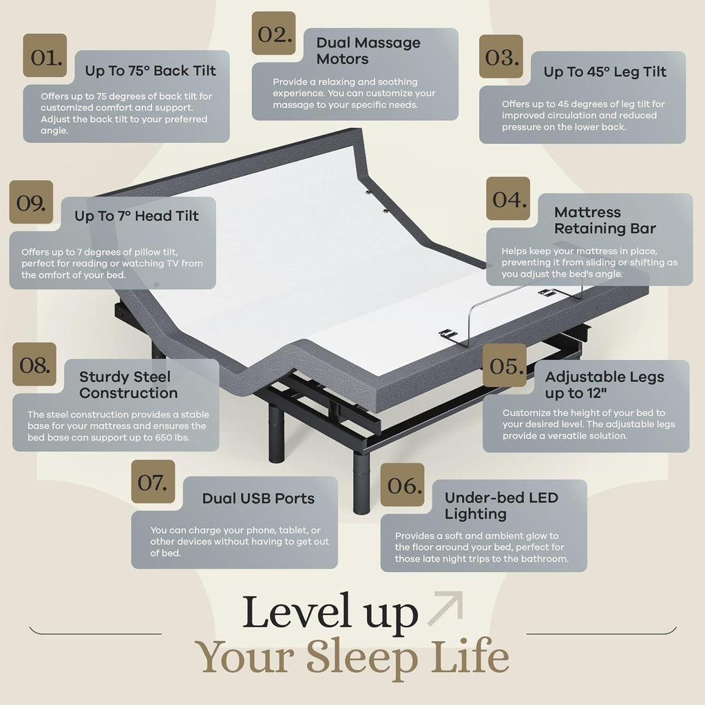 Harmony Adjustable Bed Base, Head and Foot Lift, Massage, Under-Bed Lights, USB, Gel Memory, Zero Gravity Smart Frame - Queen + 14 Inch Hybrid Spring Matt (Medium Soft)