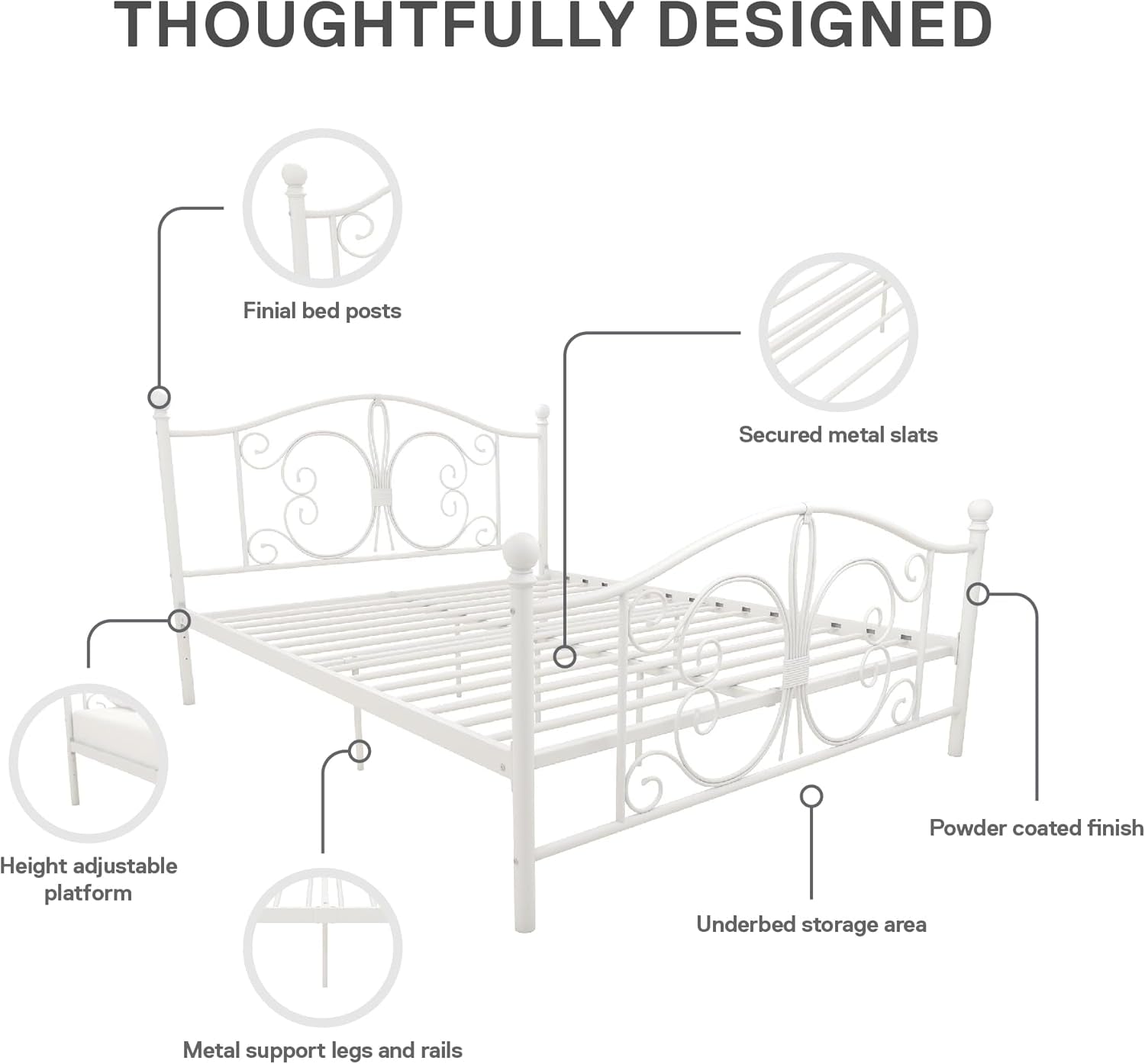 Bombay Metal Platform Bed with Parisian Style Headboard and Footboard, Adjustable Base Height for Underbed Storage, No Box Spring Needed, Full, White