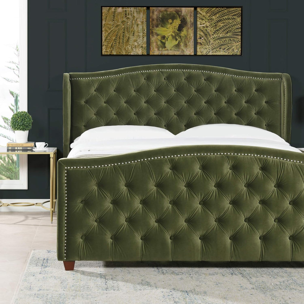 Marcella Upholstered Shelter Headboard Bed Set, King, Olive Green Performance Velvet
