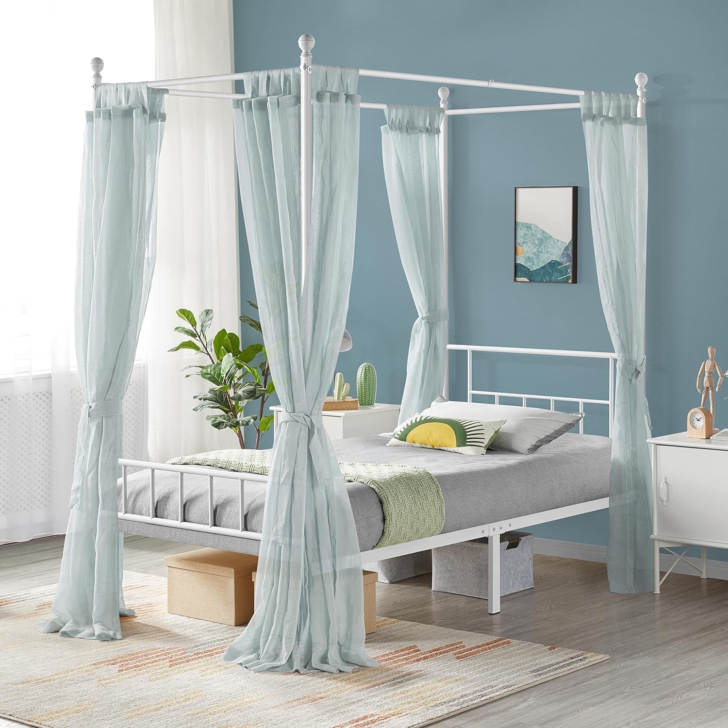 Canopy Bed Frames Platform Bed Frame Four-Poster Canopied Bed Mattress Foundation with Headboard and Footboard Sturdy Slatted Structure No Box Spring Needed Easy Assembly Twin/White