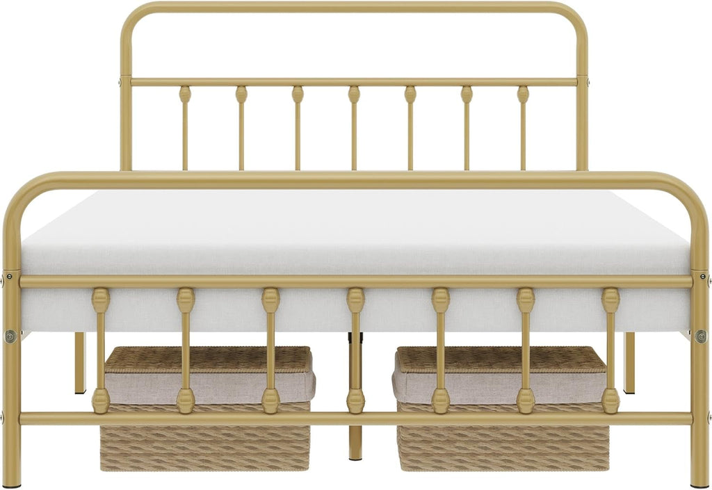 Classic Metal Platform Bed Frame Mattress Foundation with Victorian Style Iron-Art Headboard/Footboard/Under Bed Storage/No Box Spring Needed/Queen Size Antique Gold