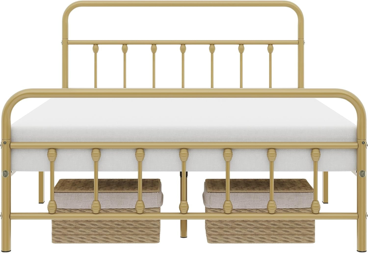 Classic Metal Platform Bed Frame Mattress Foundation with Victorian Style Iron-Art Headboard/Footboard/Under Bed Storage/No Box Spring Needed/Queen Size Antique Gold