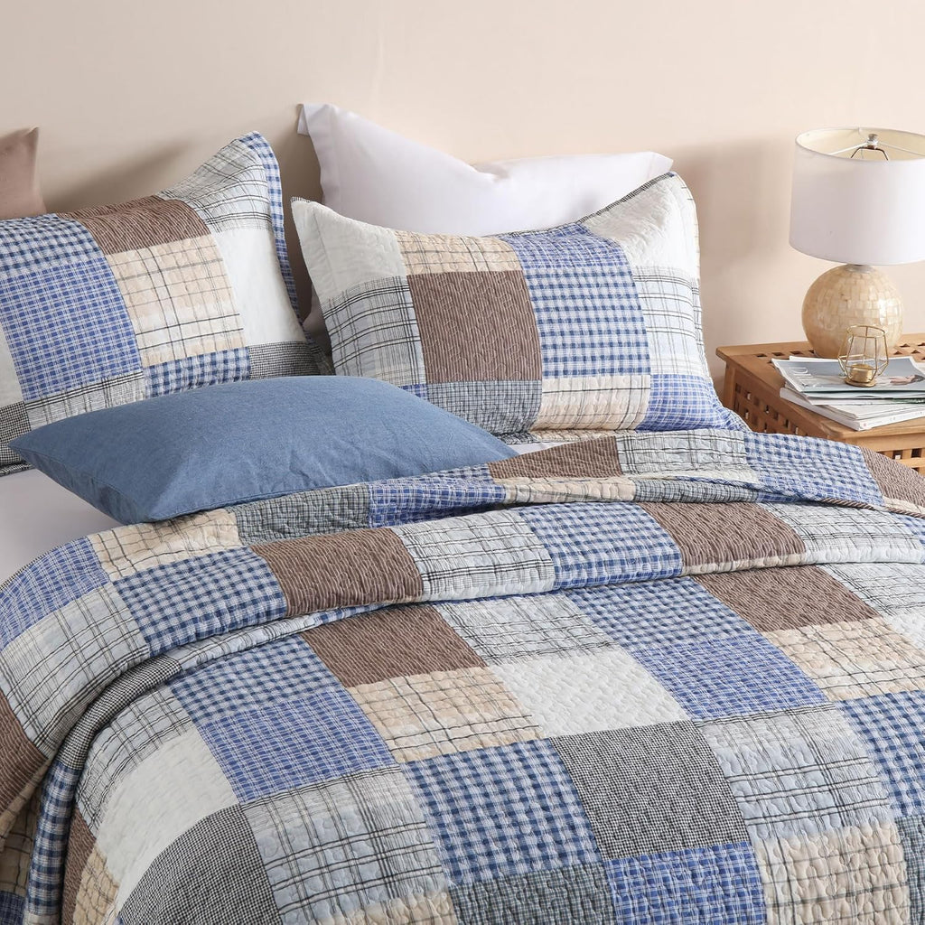 King Size Comforter Set- 100% Cotton Quilt King Size Set, Bule, Plaid Bedspreads (96 * 108 Inch) with 2 Pillow Shams, Patchwork Reversible Lightweight Bedding